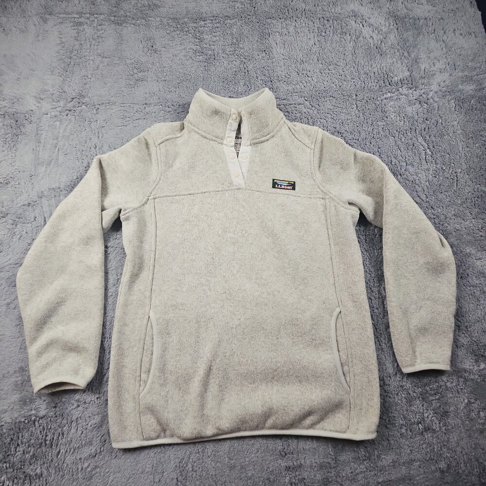 Womens Fleece Sweater 1/4 Snap Logo Pullover Beige/Cream Size Small by LL Bean